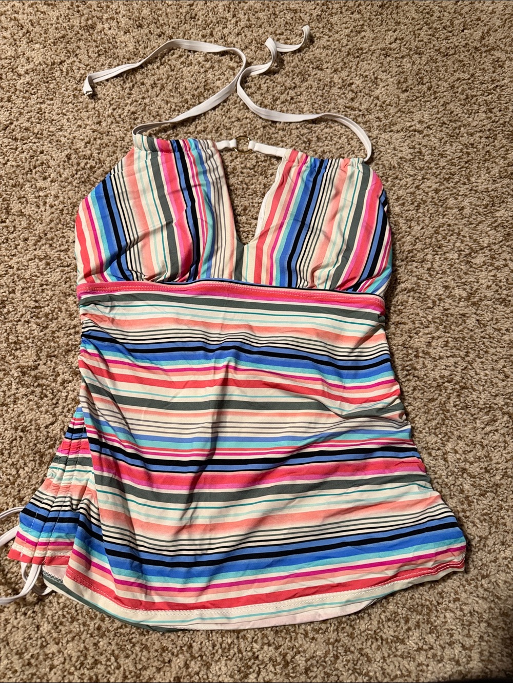 Athena Multicolor Striped Halter Tankini in Pink, Blue, Cream, Black, and White